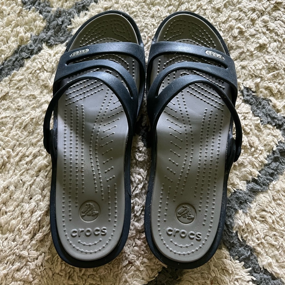 Nearly new navy blue croc Swiftwater style wedge sandals